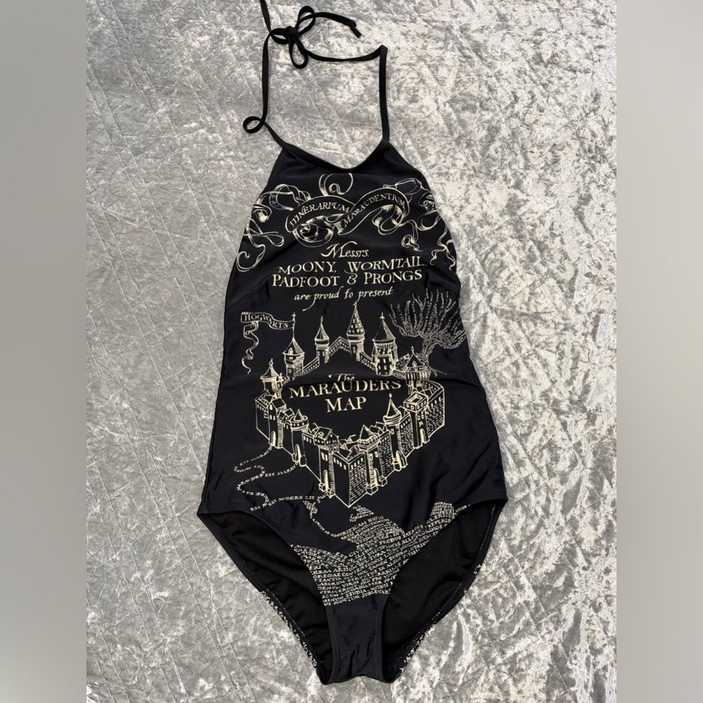 Warner Bros. Black Halter One-Piece Swimsuit with Gold Marauder's Map Print